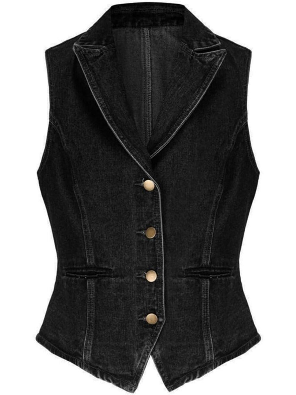 Women's Black Lapel Denim Vest Sleeveless Business Work Jean Waistcoat Vest